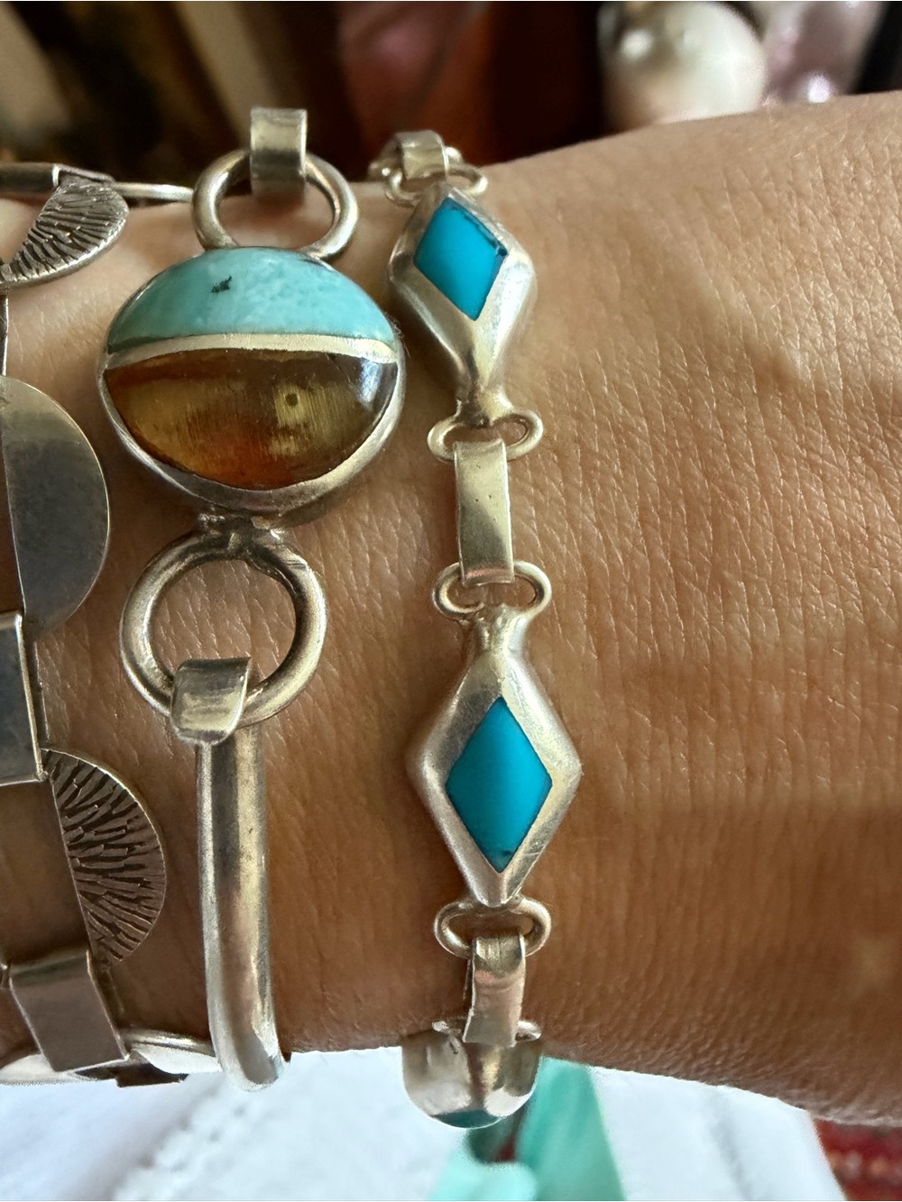 Taxco Mexico 925 Sterling Silver turquoise hexagon bracelet toggle clasp